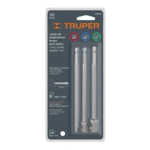 Juego de adaptadores largos para copas y dados en medidas 1/4", 3/8" y 1/2".