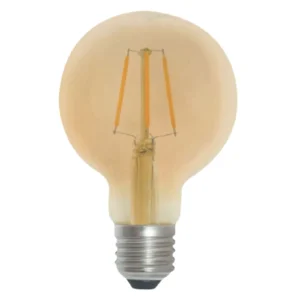 Bombillo LED de filamento tipo globo con diseño vintage y luz cálida.