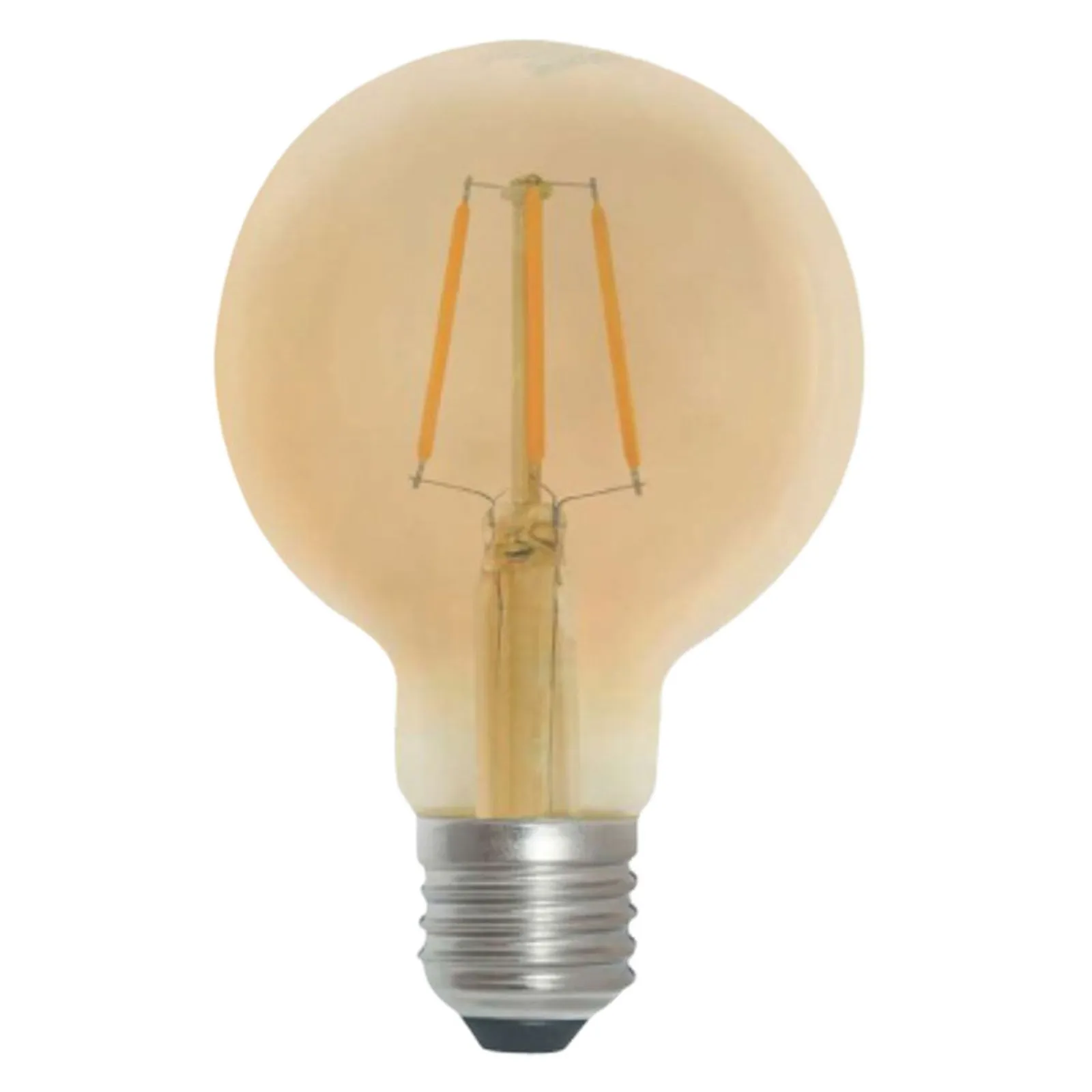 Bombillo LED de filamento tipo globo con diseño vintage y luz cálida.