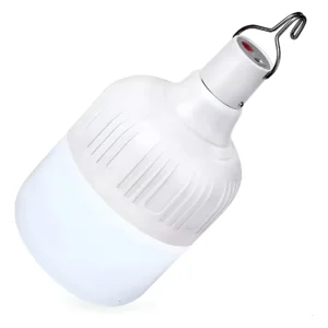 Bombillo LED recargable 20W con gancho para emergencias y uso portátil.