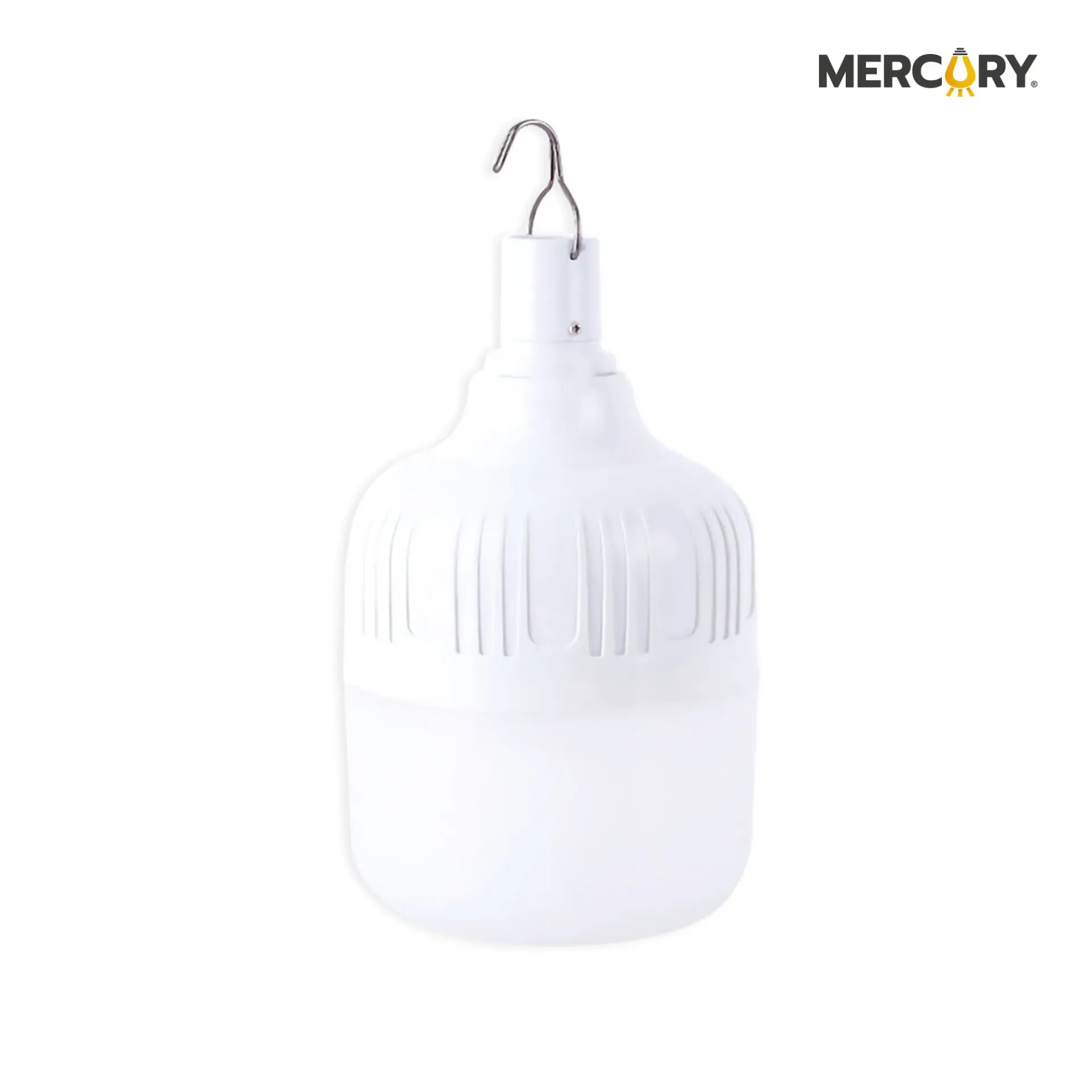 Bombillo LED recargable 50W con gancho y carga USB para emergencias y uso portátil.