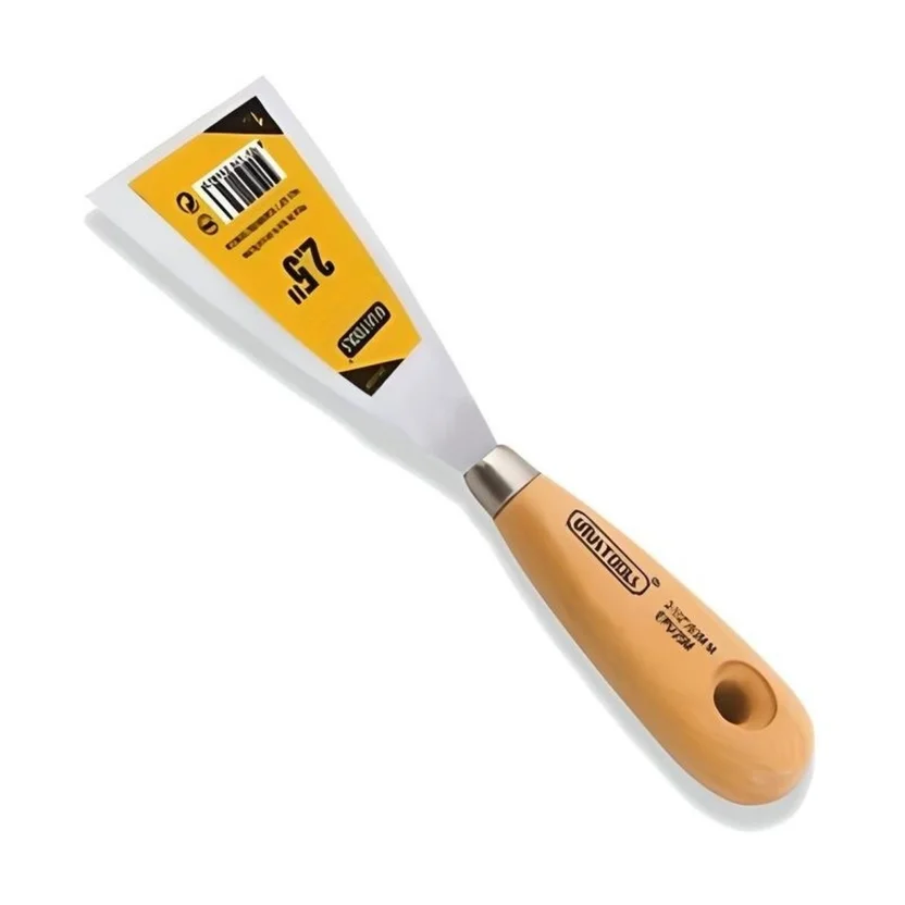Espátula profesional de 2.5 pulgadas con mango de madera para acabados y resanes.