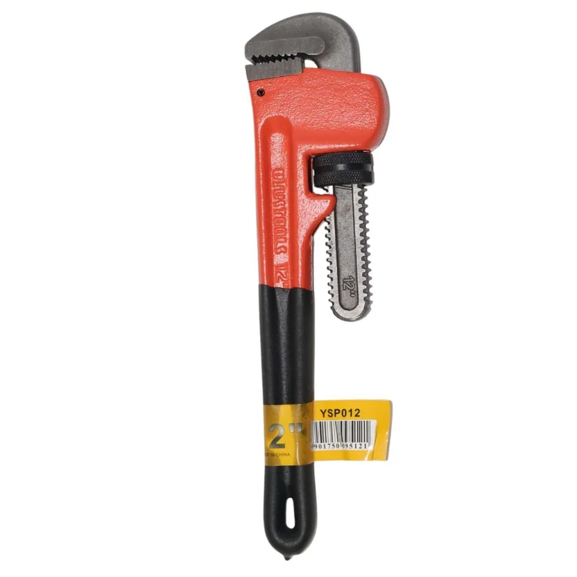 Llave de tubo profesional de 12 pulgadas con mango encauchetado para trabajos de plomería.