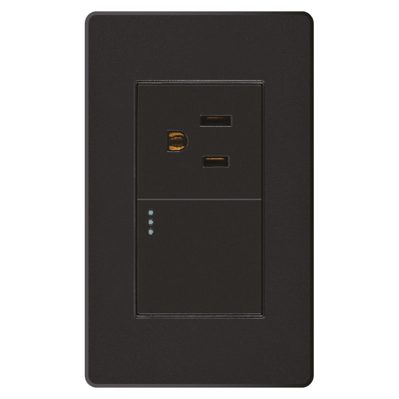 Dispositivo Mercury Línea Plus Negro que integra tomacorriente e interruptor en una sola unidad.